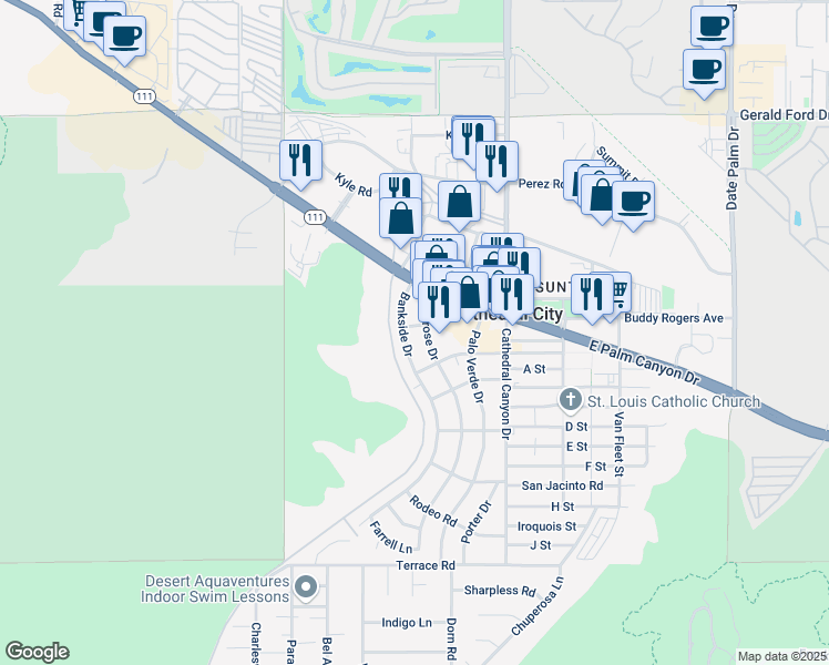 map of restaurants, bars, coffee shops, grocery stores, and more near 36982 Bankside Drive in Cathedral City