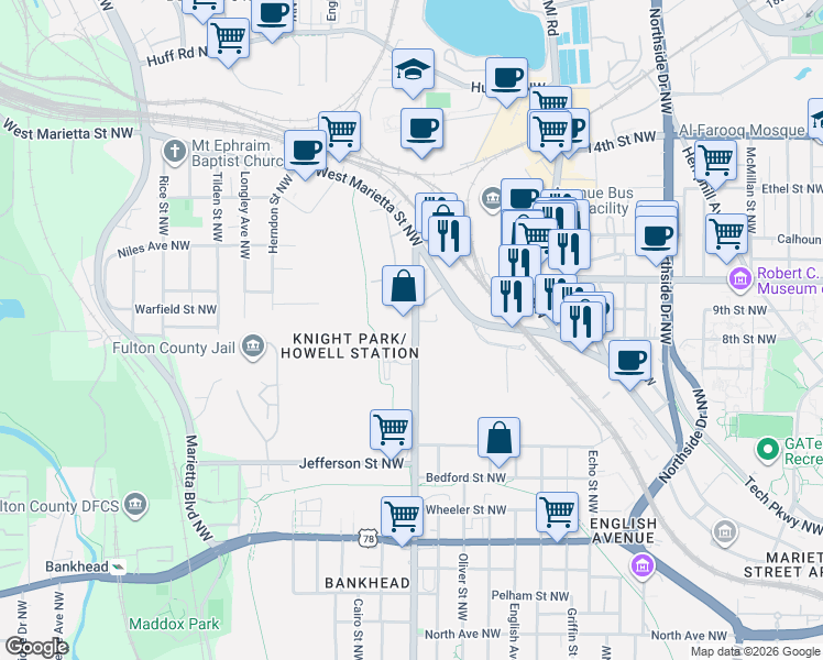 map of restaurants, bars, coffee shops, grocery stores, and more near 900 Joseph E. Lowery Boulevard Northwest in Atlanta