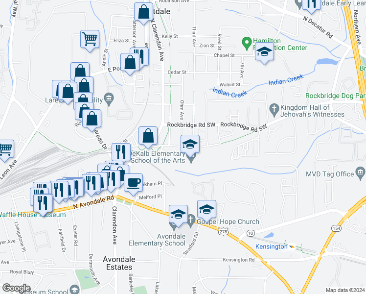map of restaurants, bars, coffee shops, grocery stores, and more near 3152 Old Rockbridge Road in Avondale Estates