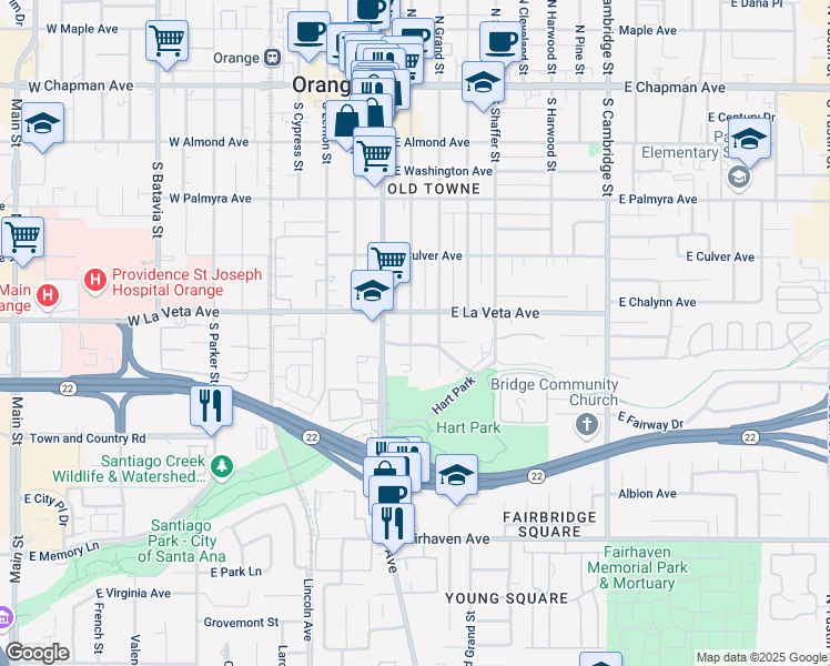 map of restaurants, bars, coffee shops, grocery stores, and more near 545 South Orange Street in Orange