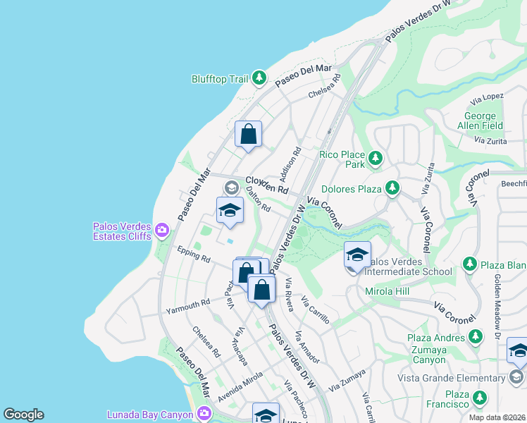 map of restaurants, bars, coffee shops, grocery stores, and more near 2000 Vía Pacheco in Palos Verdes Estates