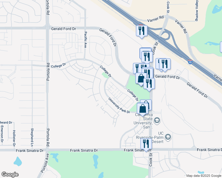 map of restaurants, bars, coffee shops, grocery stores, and more near College Drive in Palm Desert