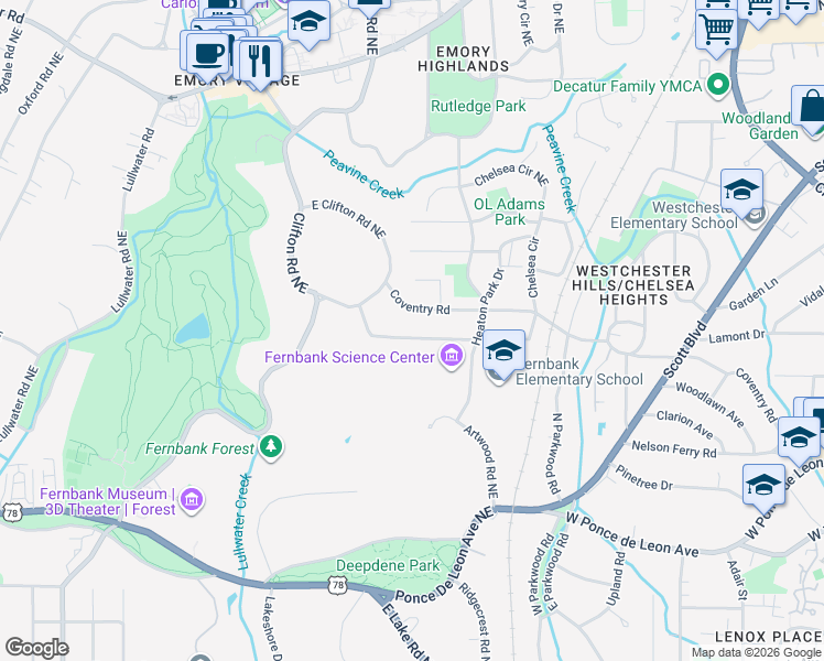 map of restaurants, bars, coffee shops, grocery stores, and more near 1714 Dyson Drive in Atlanta