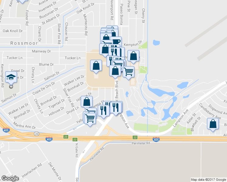 map of restaurants, bars, coffee shops, grocery stores, and more near 3482 Yellowtail Drive in Los Alamitos