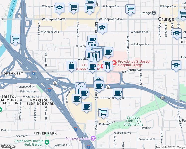 map of restaurants, bars, coffee shops, grocery stores, and more near 500 South Main Street in Orange
