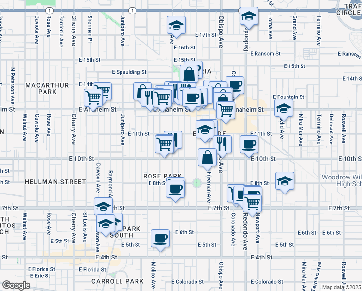 map of restaurants, bars, coffee shops, grocery stores, and more near 1051 Gladys Avenue in Long Beach