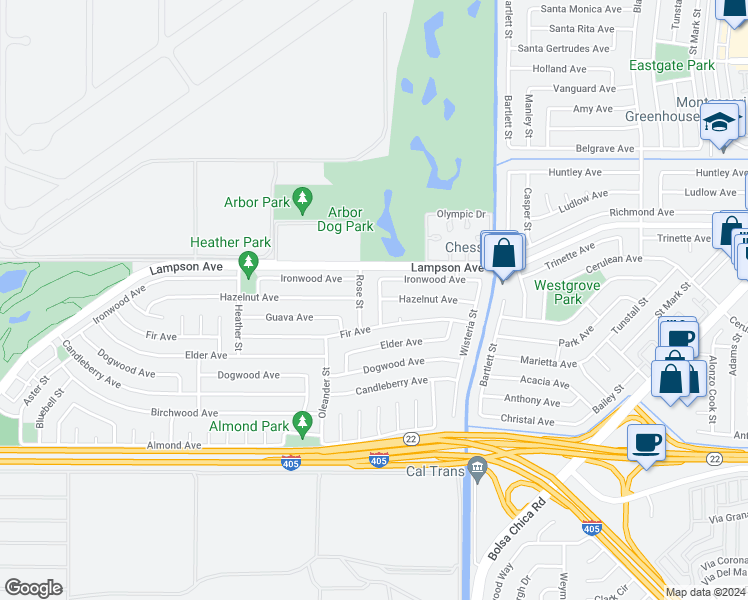 map of restaurants, bars, coffee shops, grocery stores, and more near 3881 Sunflower Street in Seal Beach
