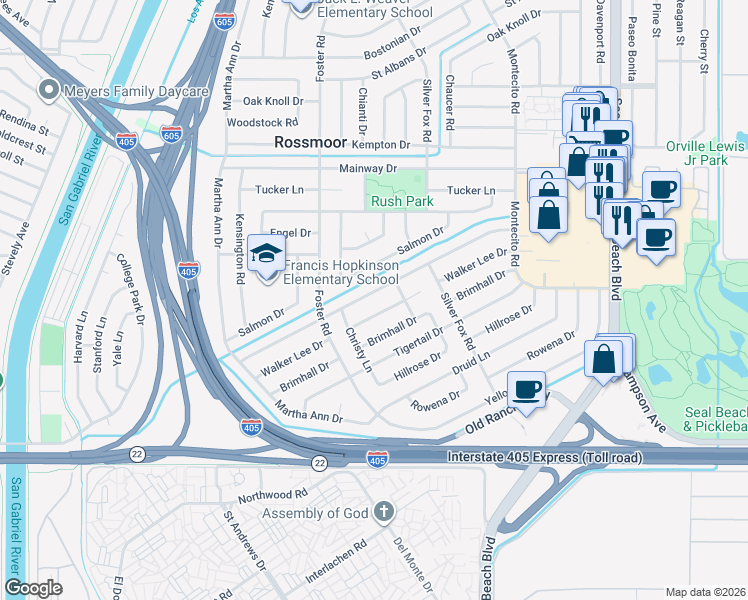 map of restaurants, bars, coffee shops, grocery stores, and more near 2932 Copa De Oro Dr in Los Alamitos
