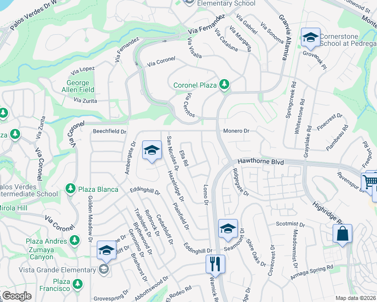 map of restaurants, bars, coffee shops, grocery stores, and more near 28037 Acana Road in Rancho Palos Verdes