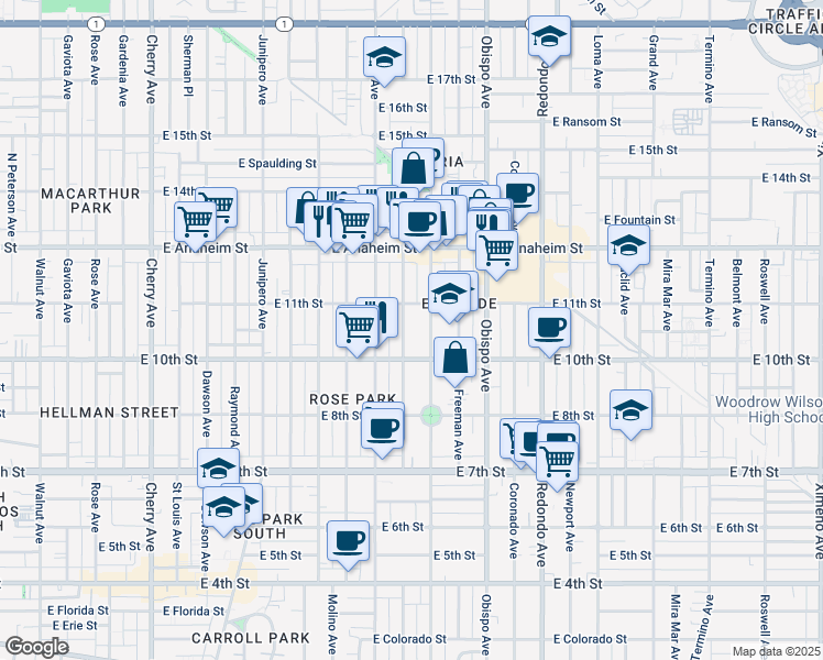 map of restaurants, bars, coffee shops, grocery stores, and more near 1050 Gladys Avenue in Long Beach