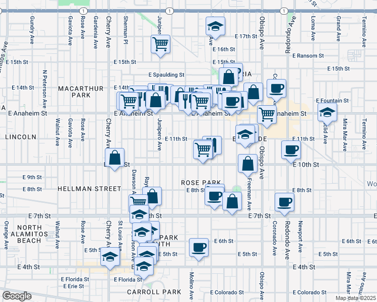map of restaurants, bars, coffee shops, grocery stores, and more near 1050 Molino Avenue in Long Beach
