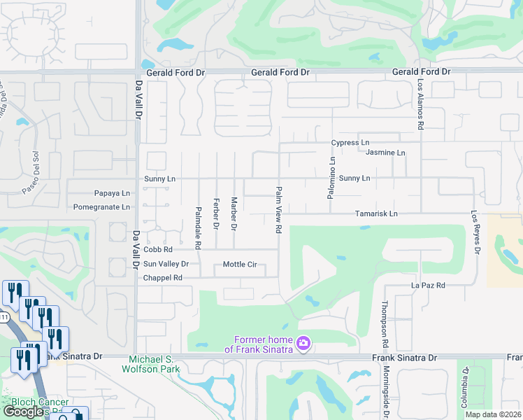 map of restaurants, bars, coffee shops, grocery stores, and more near 70450 Tamarisk Lane in Rancho Mirage