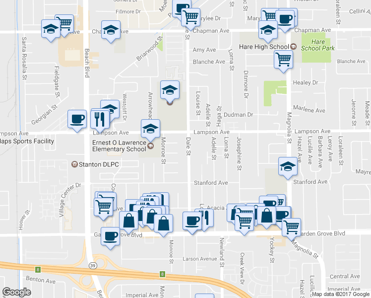 map of restaurants, bars, coffee shops, grocery stores, and more near 12581 Dale Street in Garden Grove