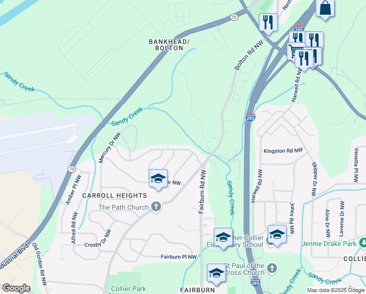 map of restaurants, bars, coffee shops, grocery stores, and more near 923 Fairburn Road Northwest in Atlanta