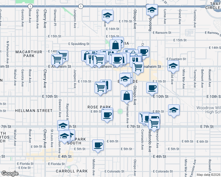 map of restaurants, bars, coffee shops, grocery stores, and more near 1051 Gladys Avenue in Long Beach