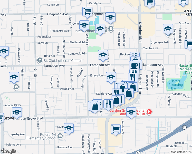 map of restaurants, bars, coffee shops, grocery stores, and more near 12062 Emrys Avenue in Garden Grove