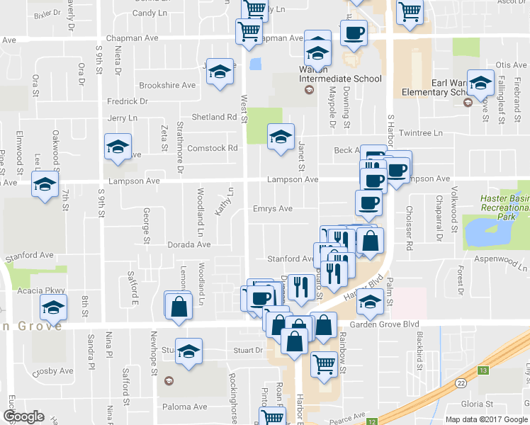 map of restaurants, bars, coffee shops, grocery stores, and more near 12062 Emrys Avenue in Garden Grove
