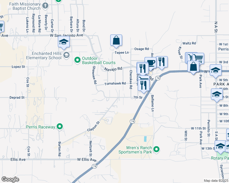 map of restaurants, bars, coffee shops, grocery stores, and more near 768 Larissa Ct in Perris
