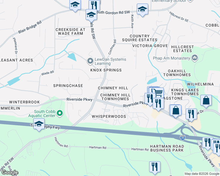 map of restaurants, bars, coffee shops, grocery stores, and more near 462 Wingsfield Court Southwest in Austell