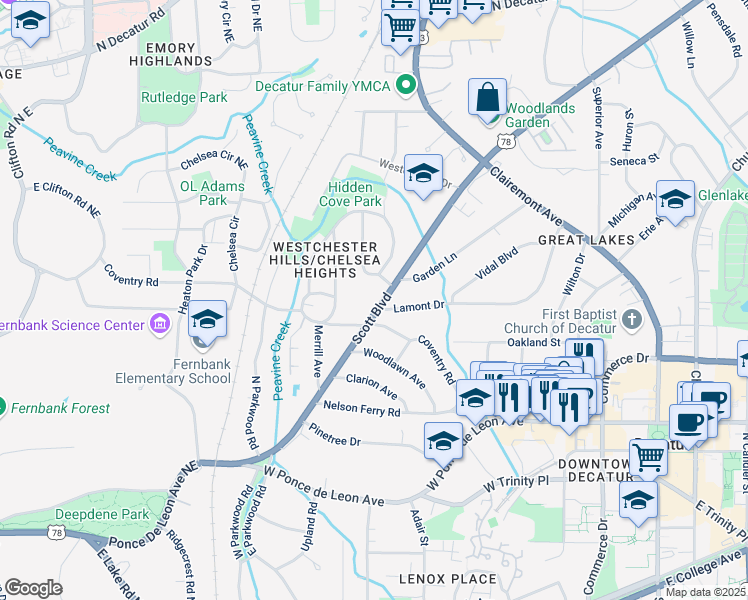 map of restaurants, bars, coffee shops, grocery stores, and more near 520 Scott Boulevard in Decatur