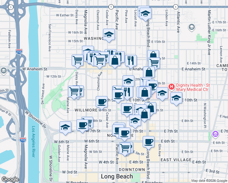 map of restaurants, bars, coffee shops, grocery stores, and more near 1059 Pacific Avenue in Long Beach