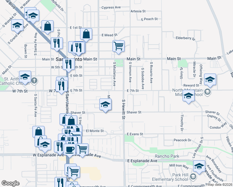 map of restaurants, bars, coffee shops, grocery stores, and more near 510 East 7th Street in San Jacinto