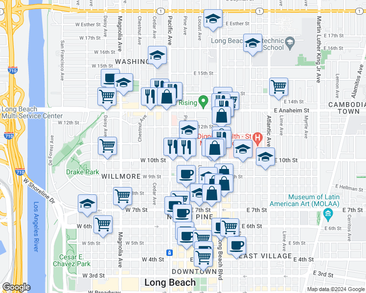 map of restaurants, bars, coffee shops, grocery stores, and more near 1053 Pine Avenue in Long Beach