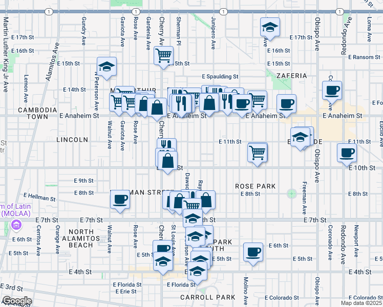 map of restaurants, bars, coffee shops, grocery stores, and more near 1054 Dawson Avenue in Long Beach