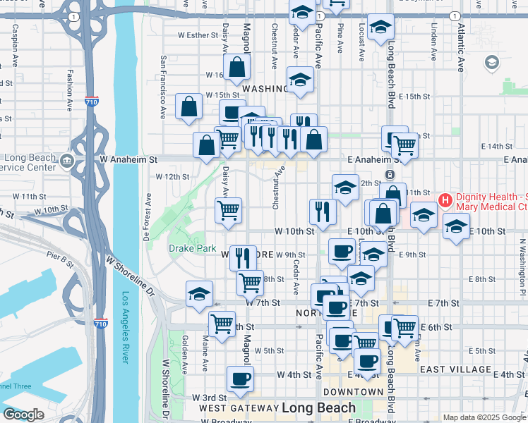 map of restaurants, bars, coffee shops, grocery stores, and more near 428 West 11th Street in Long Beach