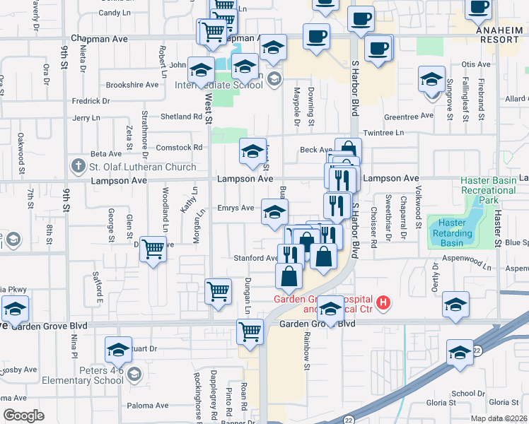 map of restaurants, bars, coffee shops, grocery stores, and more near 12132 Emrys Avenue in Garden Grove