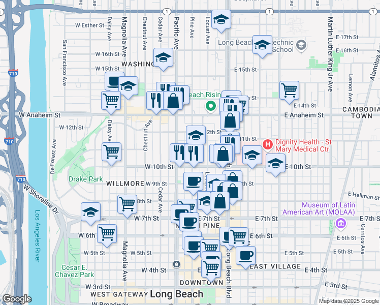 map of restaurants, bars, coffee shops, grocery stores, and more near 1049 Pine Avenue in Long Beach