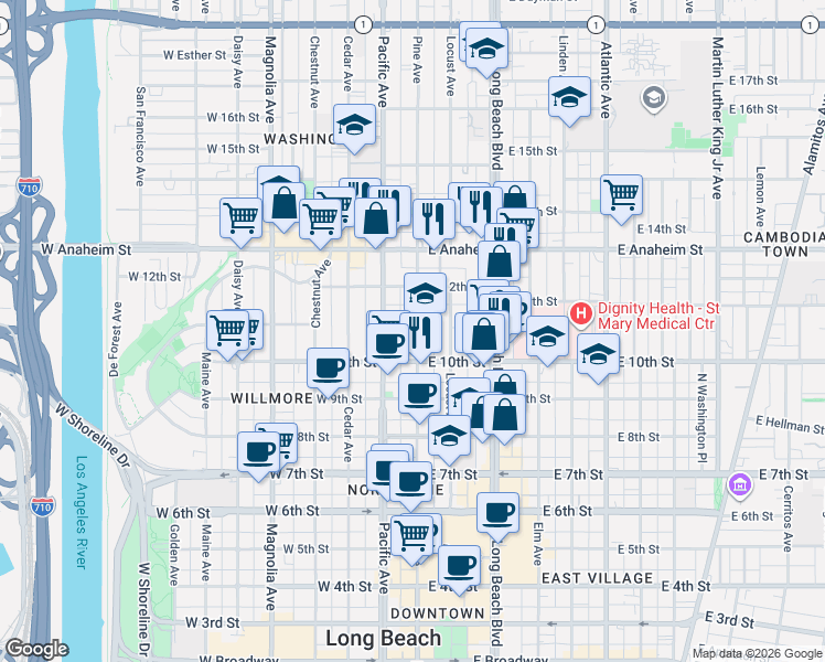 map of restaurants, bars, coffee shops, grocery stores, and more near 1049 Pine Avenue in Long Beach