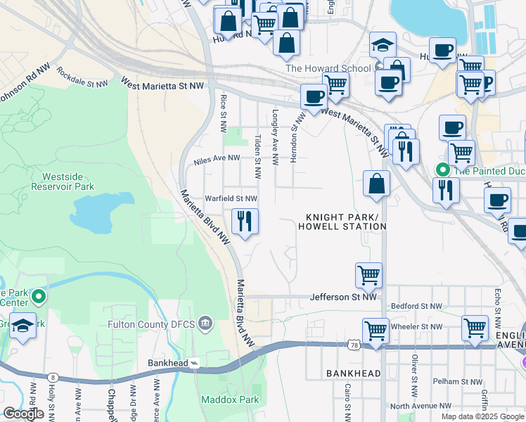 map of restaurants, bars, coffee shops, grocery stores, and more near 923 Tilden Street Northwest in Atlanta