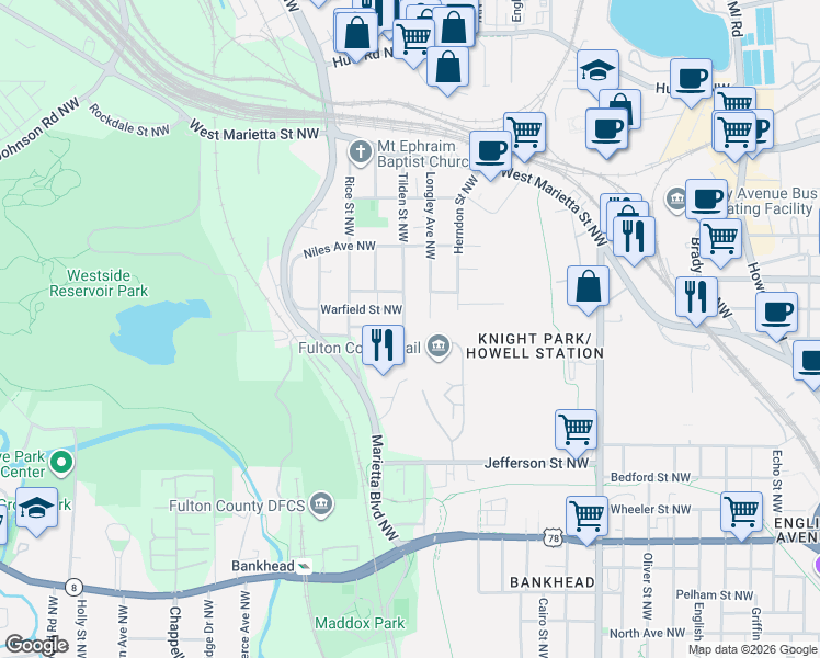 map of restaurants, bars, coffee shops, grocery stores, and more near 923 Tilden Street Northwest in Atlanta