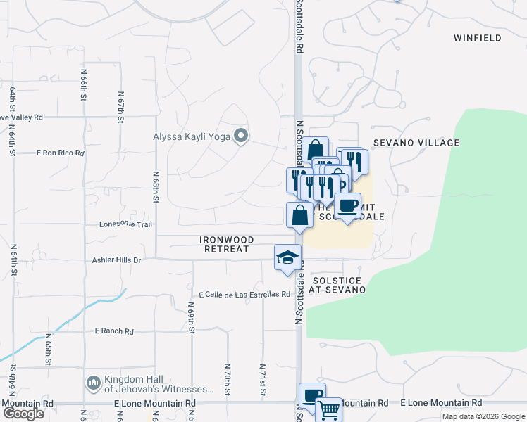 map of restaurants, bars, coffee shops, grocery stores, and more near 7127 East Thirsty Cactus Lane in Scottsdale