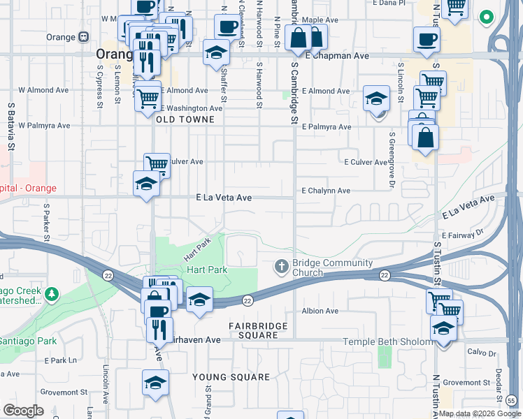 map of restaurants, bars, coffee shops, grocery stores, and more near 707 East Tularosa Avenue in Orange