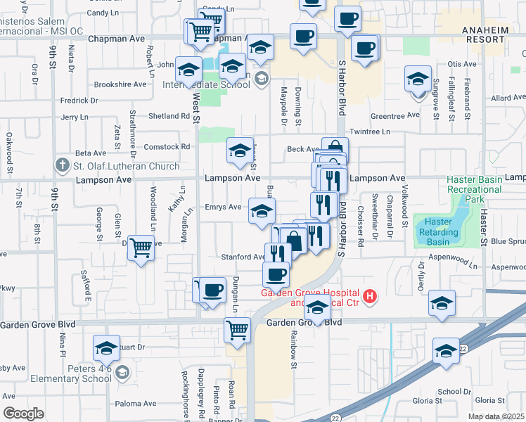 map of restaurants, bars, coffee shops, grocery stores, and more near 12222 Emrys Avenue in Garden Grove