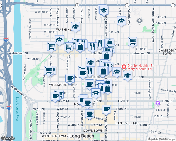 map of restaurants, bars, coffee shops, grocery stores, and more near 1049 Pine Avenue in Long Beach