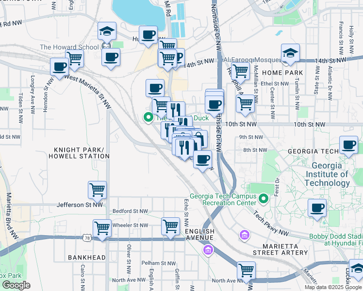 map of restaurants, bars, coffee shops, grocery stores, and more near 914 Howell Mill Road Northwest in Atlanta