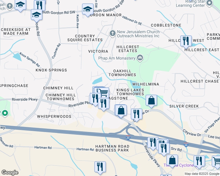 map of restaurants, bars, coffee shops, grocery stores, and more near 7200 Premier Lane in Austell