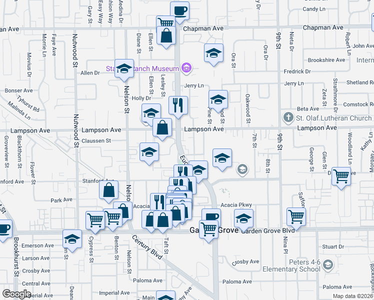 map of restaurants, bars, coffee shops, grocery stores, and more near 12600 Euclid Street in Garden Grove