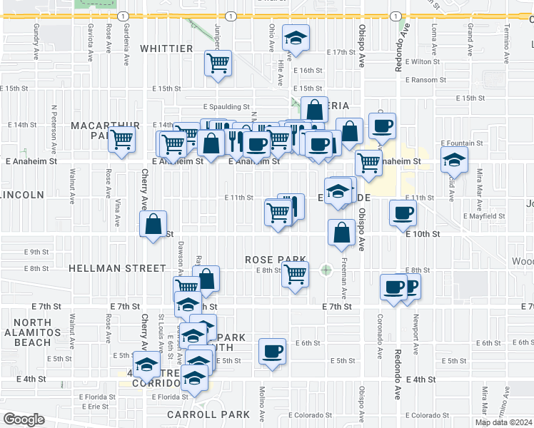 map of restaurants, bars, coffee shops, grocery stores, and more near 1051 Ohio Avenue in Long Beach