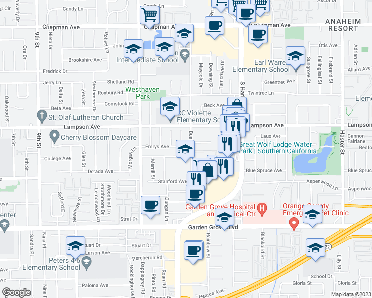 map of restaurants, bars, coffee shops, grocery stores, and more near 12222 Emrys Avenue in Garden Grove