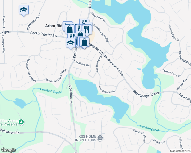 map of restaurants, bars, coffee shops, grocery stores, and more near 637 North Shore Road in Lithonia