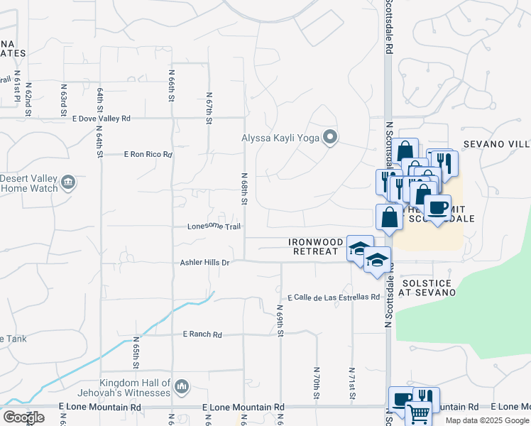 map of restaurants, bars, coffee shops, grocery stores, and more near 6863 East Thirsty Cactus Lane in Scottsdale