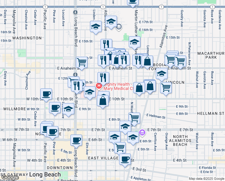 map of restaurants, bars, coffee shops, grocery stores, and more near 1049 Lime Avenue in Long Beach