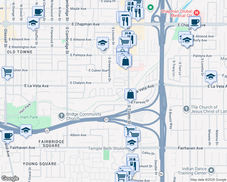 map of restaurants, bars, coffee shops, grocery stores, and more near 539 South Cinnamon Way in Orange