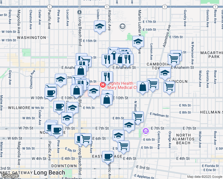 map of restaurants, bars, coffee shops, grocery stores, and more near 1062 Atlantic Avenue in Long Beach