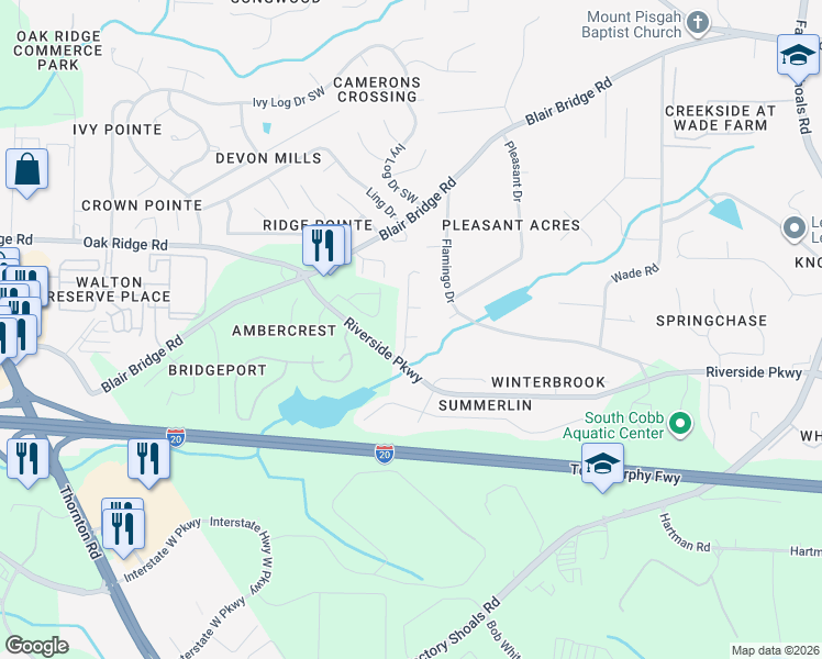 map of restaurants, bars, coffee shops, grocery stores, and more near 7263 Silverton Trail in Austell