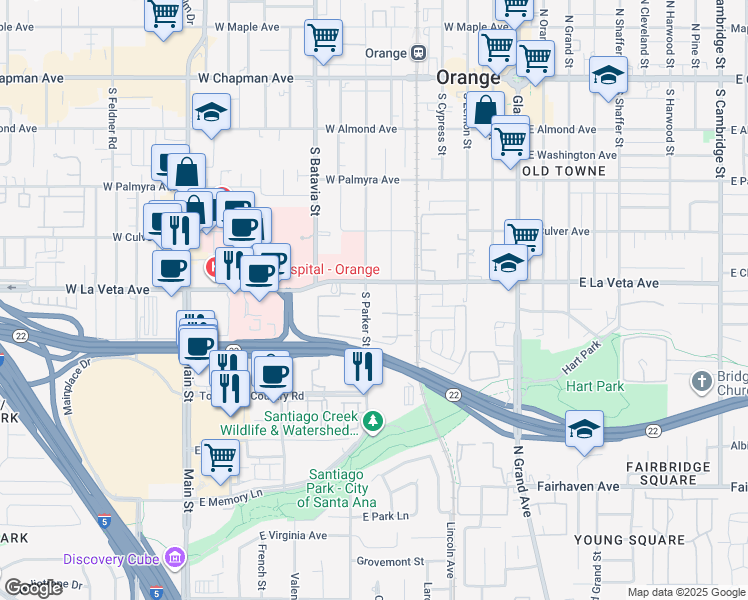 map of restaurants, bars, coffee shops, grocery stores, and more near 535 South Parker Street in Orange